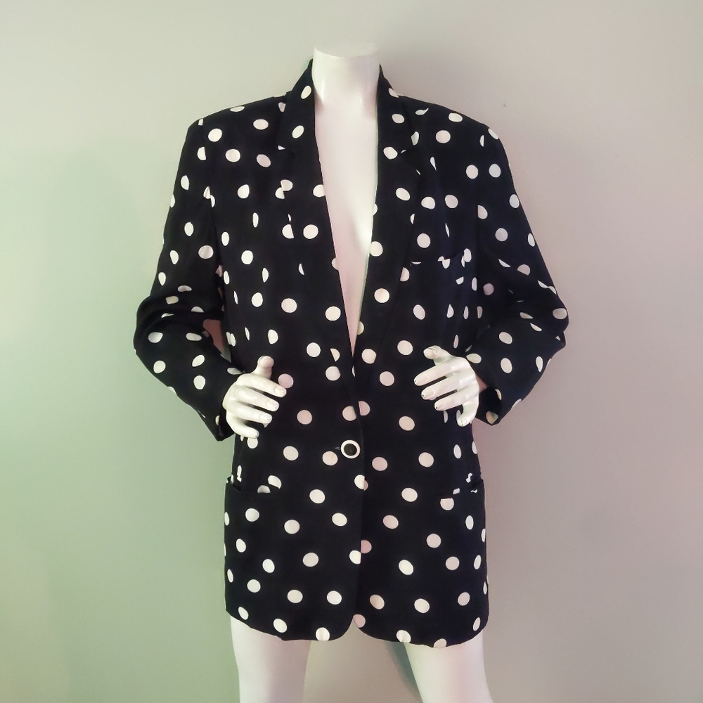Vintage 1990s Ann Taylor B&W Polka Dot Oversized Rayon Soft Blazer 2